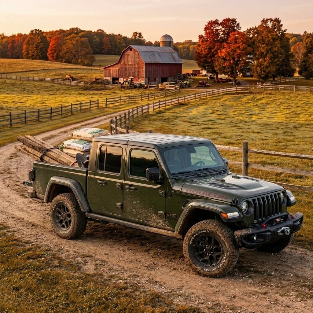 A rugged 2026 Jeep Gladiator pickup truck parked along an unpaved dirt path in a rural Michigan farm setting during early autumn. The steel truck bed is loaded with practical farm supplies including wooden fence posts, heavy feed bags, and coiled wire fencing. The vehicle features a dark olive green
