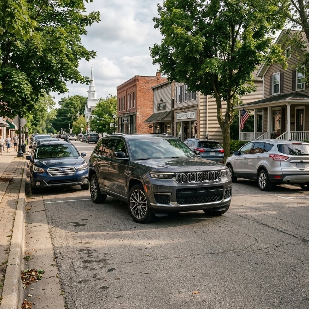 A photorealistic wide-angle exterior shot of a sleek 2027 Jeep Grand Cherokee automatically maneuvering into a tight parallel parking space along a historic tree-lined small-town Midwestern street, three-quarter view of the SUV dynamically steering into position between two parked everyday vehicles 
