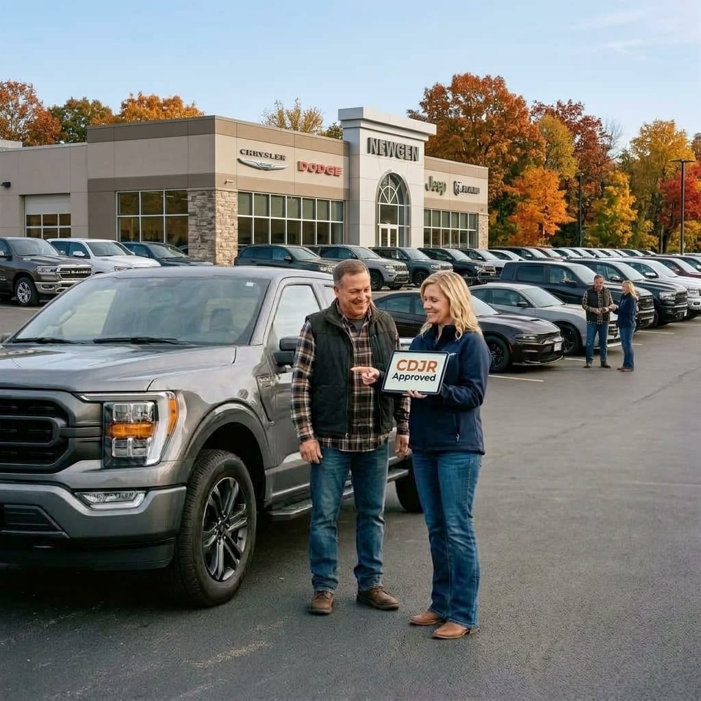 A realistic photography scene depicting a transparent vehicle trade-in appraisal in rural Michigan during early fall, eye-level rule-of-thirds composition, a friendly dealership advisor and a customer standing outdoors beside a modern grey pickup truck on a neat paved exterior lot, the advisor holdi