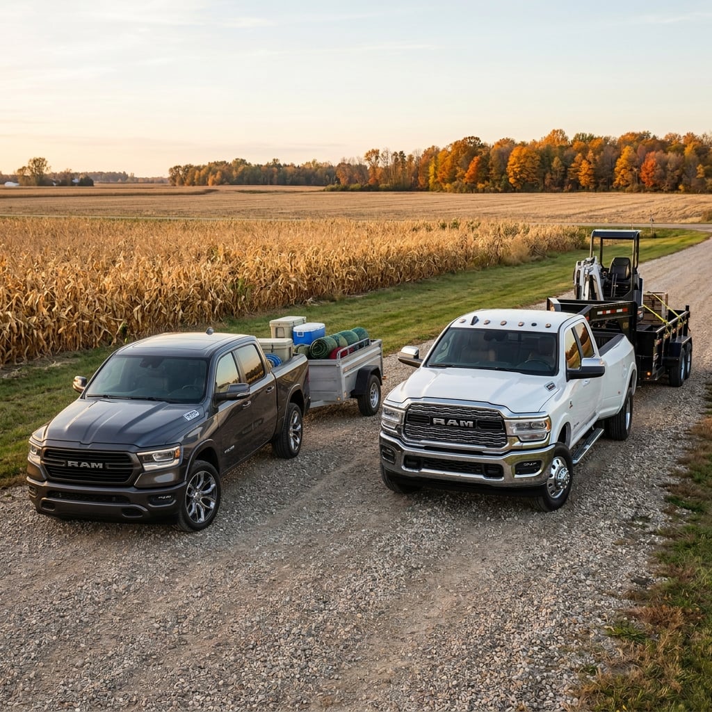 A side-by-side outdoor photograph of a 2027 RAM 1500 pickup truck and a 2027 RAM 2500 heavy-duty pickup truck, parked along a wide gravel driveway beside a rural Michigan farm field in autumn, warm golden hour sunlight casting soft light across the landscape, the dark granite metallic RAM 1500 carry