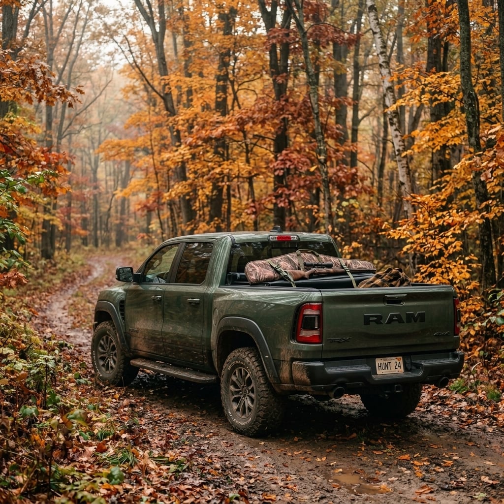A rugged dark green 4x4 pickup truck parked along a muddy trail edge in a southern Michigan woodland during peak autumn, surrounded by vibrant golden-orange and deep red oak trees, wet fallen leaves carpeting the damp earth, fitted with aggressive all-terrain tires and a durable bed liner filled wit