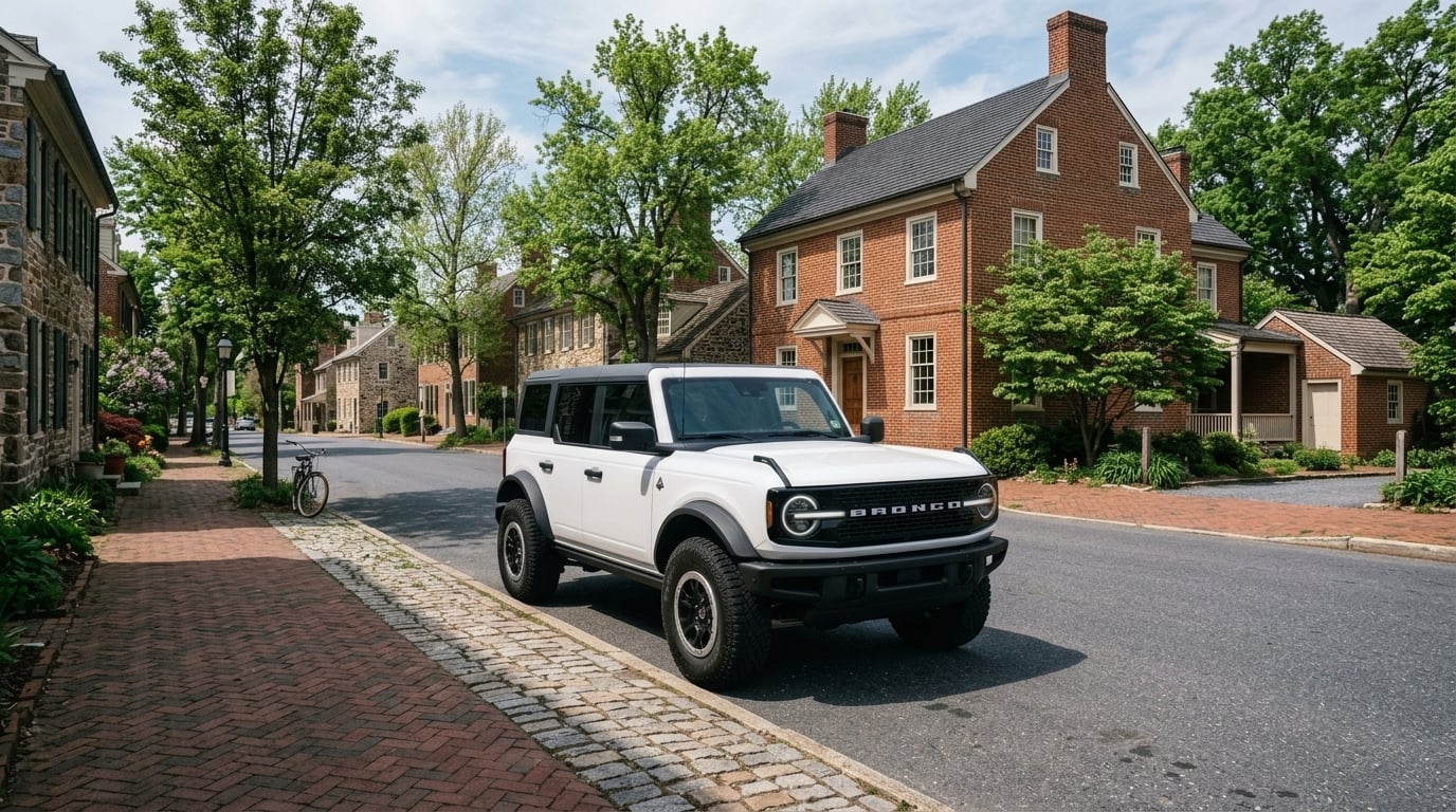 A 2026 Ford Bronco parked in the town of Odessa Delaware. No street signs. No front license plate. (Representative image for illustration purposes only. Actual vehicle may vary based on trim and configuration.)