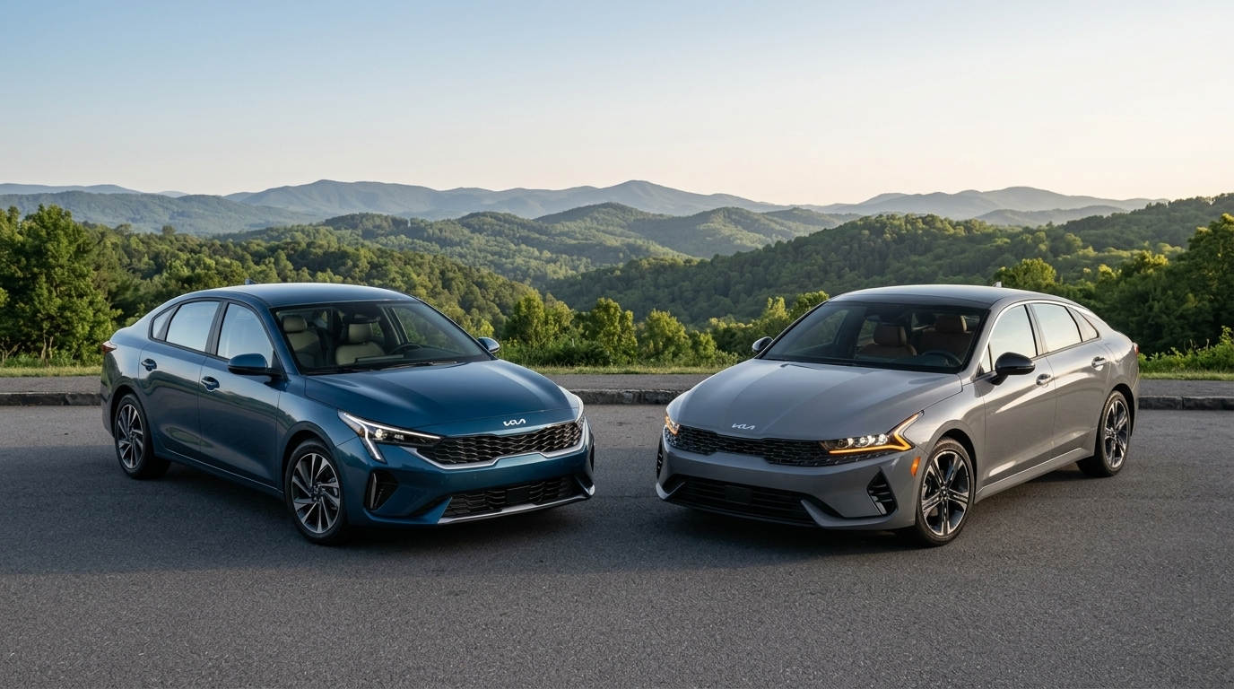 Blue and grey Kia sedans parked side by side on an asphalt overlook facing scenic green mountains. (Representative image for illustration purposes only. Actual vehicle may vary based on trim and configuration.)