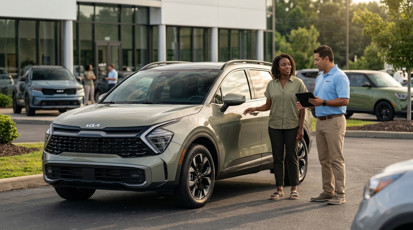 A Kia dealership employee with a tablet speaks to a customer standing beside a green Kia Sportage SUV. (Representative image for illustration purposes only. Actual vehicle may vary based on trim and configuration.)