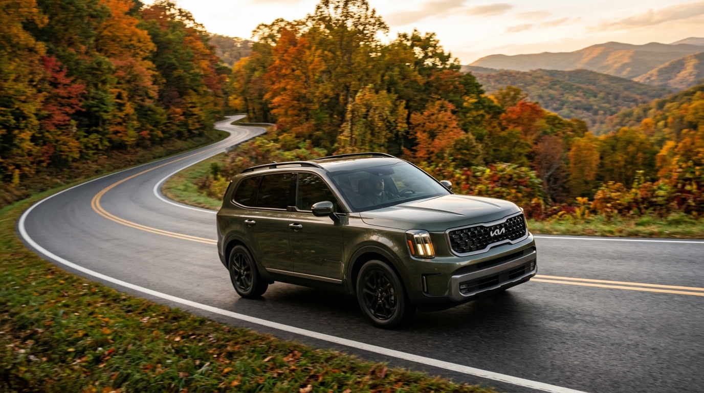 A dark green Kia SUV driving along a winding mountain road surrounded by colorful autumn foliage. (Representative image for illustration purposes only. Actual vehicle may vary based on trim and configuration.)