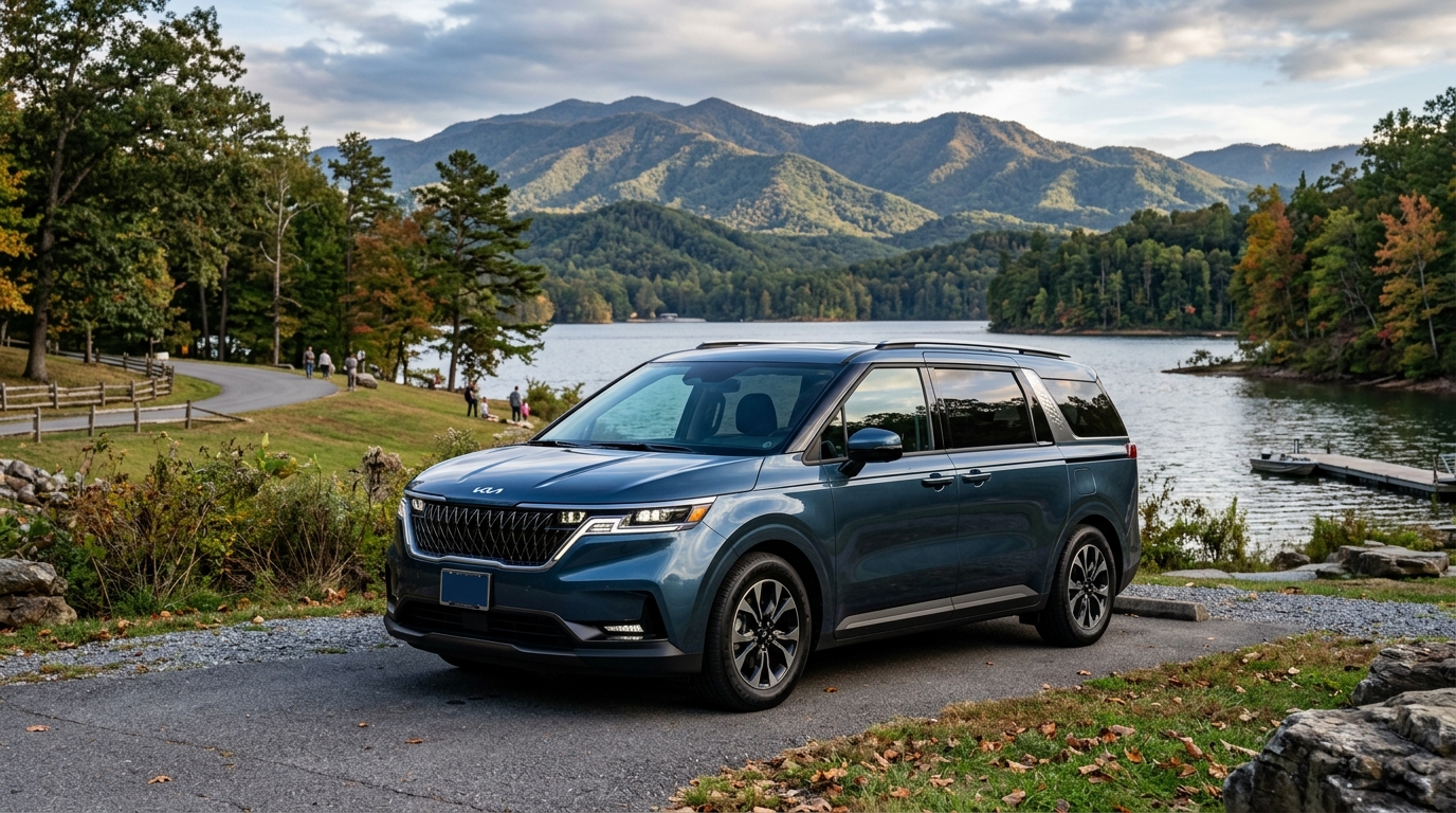 A metallic blue Kia Carnival parked near a serene lake surrounded by autumn trees and mountains. (Representative image for illustration purposes only. Actual vehicle may vary based on trim and configuration.)