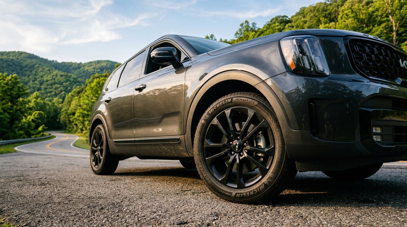 A dark grey Kia SUV parked on a winding mountain road surrounded by green trees. (Representative image for illustration purposes only. Actual vehicle may vary based on trim and configuration.)