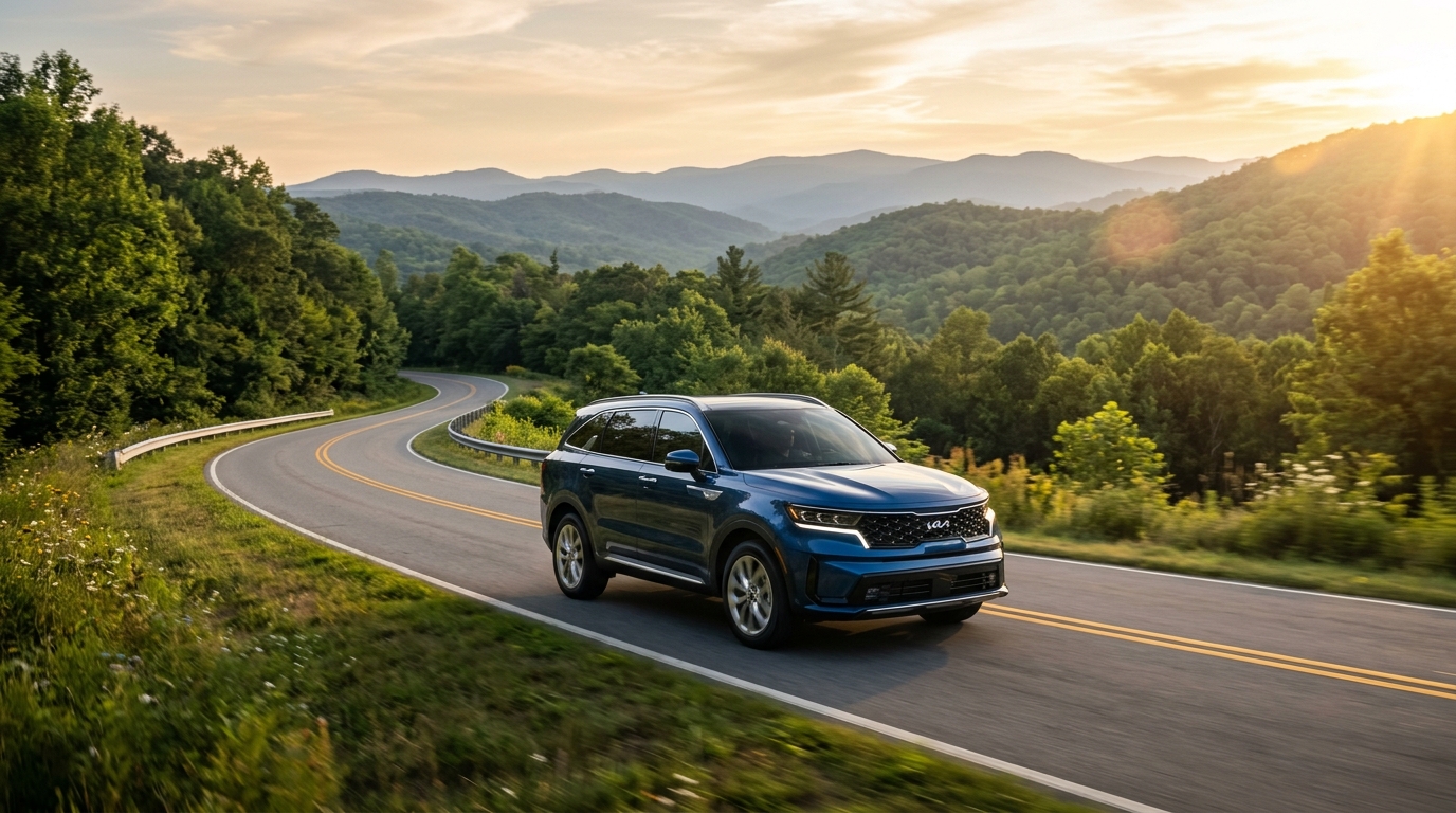 A blue Kia SUV drives along a winding scenic mountain highway surrounded by green trees at golden hour. (Representative image for illustration purposes only. Actual vehicle may vary based on trim and configuration.)