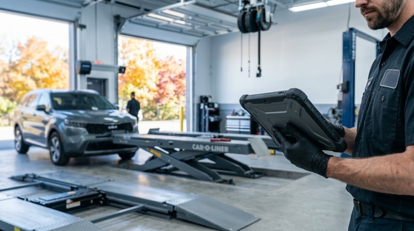 Commercial automotive photography, rule of thirds composition, detailed close-up shot inside a clean, modern collision repair bay, a technician's hands holding an advanced diagnostic scanning tablet connected near the steering column of an unbranded vehicle, soft diffused workshop lighting mixed wit