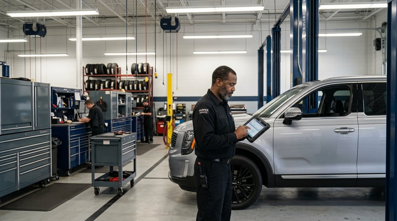 A professional automotive service center in an East Tennessee dealership, eye-level medium-shot, a skilled technician in clean black service apparel holding a handheld diagnostic tablet, inspecting a modern midsize SUV resting over a service bay lift, well-organized service garage interior with tool