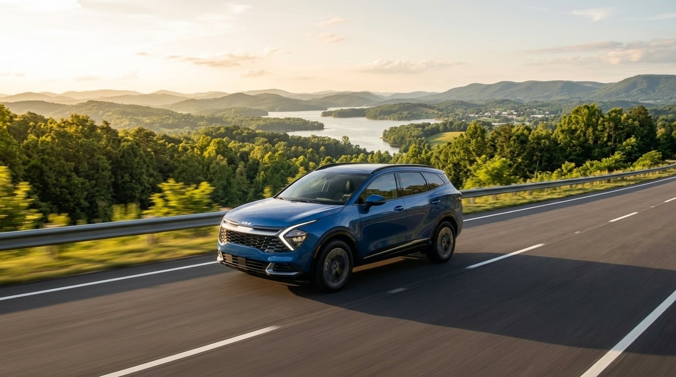 A modern 2026 Kia Sportage SUV driving smoothly along a scenic paved two-lane highway in East Tennessee, gentle rolling green hills and lush forested ridge-and-valley countryside in the background, a serene lake shimmering in the distance under a warm late-summer sky, dynamic wide tracking shot capt
