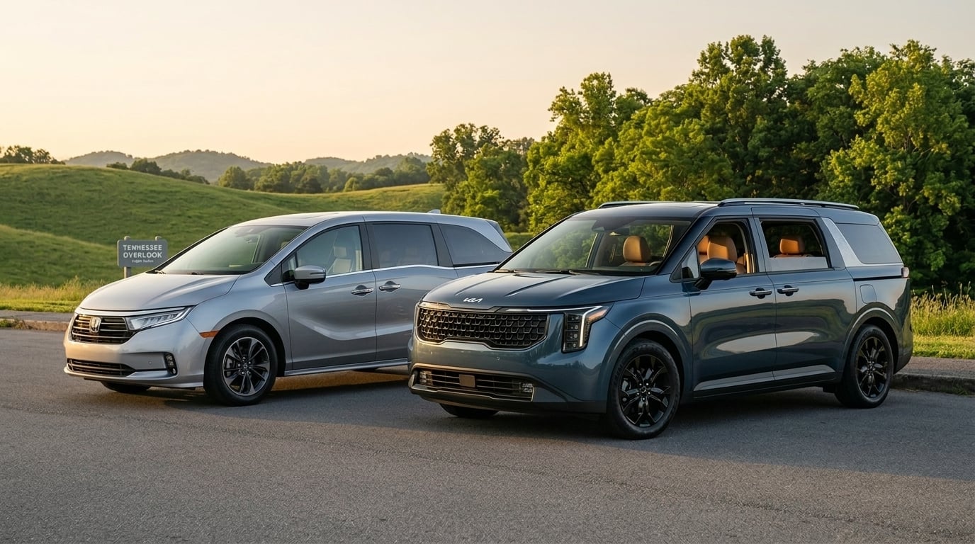 A silver Honda Odyssey and a dark blue Kia Carnival minivan parked side by side at a scenic overlook.