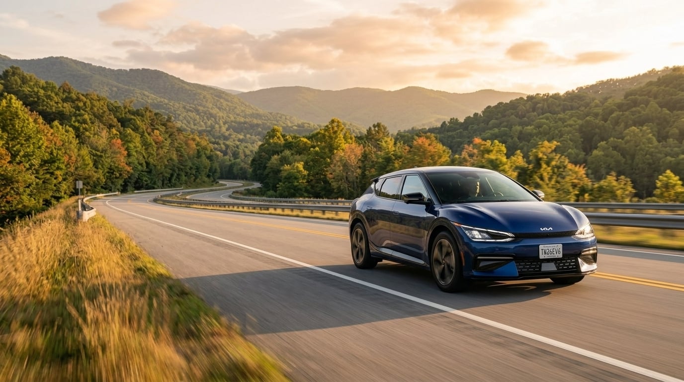 A modern 2026 Kia EV6 electric crossover vehicle in deep metallic blue, driving smoothly along a quiet two-lane paved road in East Tennessee, dynamic three-quarter front perspective, subtle motion blur on the alloy wheels and road surface, late summer golden hour lighting, soft warm sunlight casting