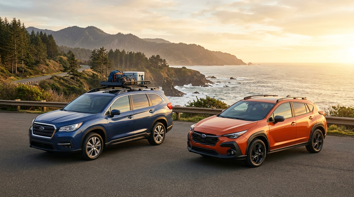 Blue Subaru Ascent with cargo rack and orange Subaru Crosstrek parked along a coastal highway at sunset. (Representative image for illustration purposes only. Actual vehicle may vary based on trim and configuration.)