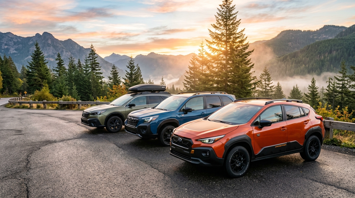 Three Subaru Wilderness SUVs parked on a mountain overlook at sunset. (Representative image for illustration purposes only. Actual vehicle may vary based on trim and configuration.)