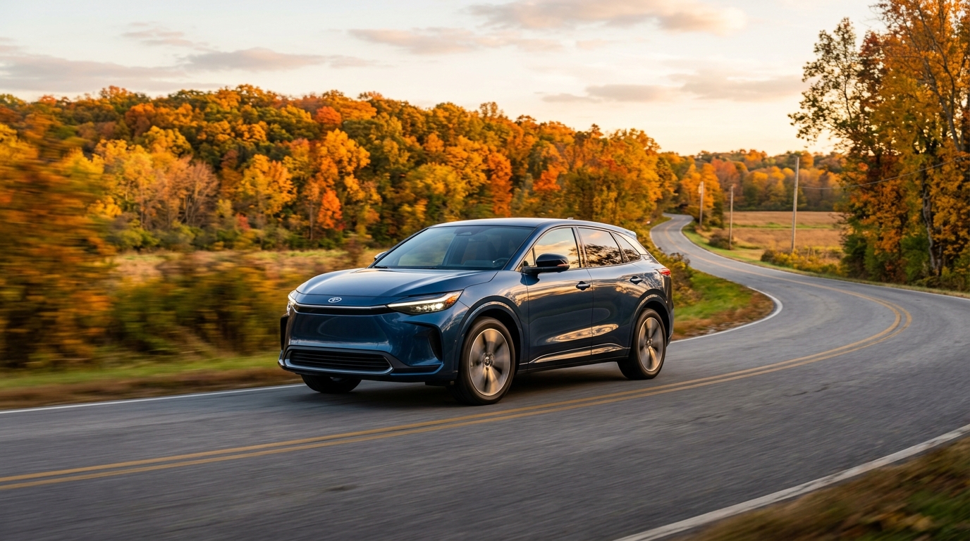 A blue electric SUV driving on a winding country road surrounded by vibrant autumn trees. (Representative image for illustration purposes only. Actual vehicle may vary based on trim and configuration.)