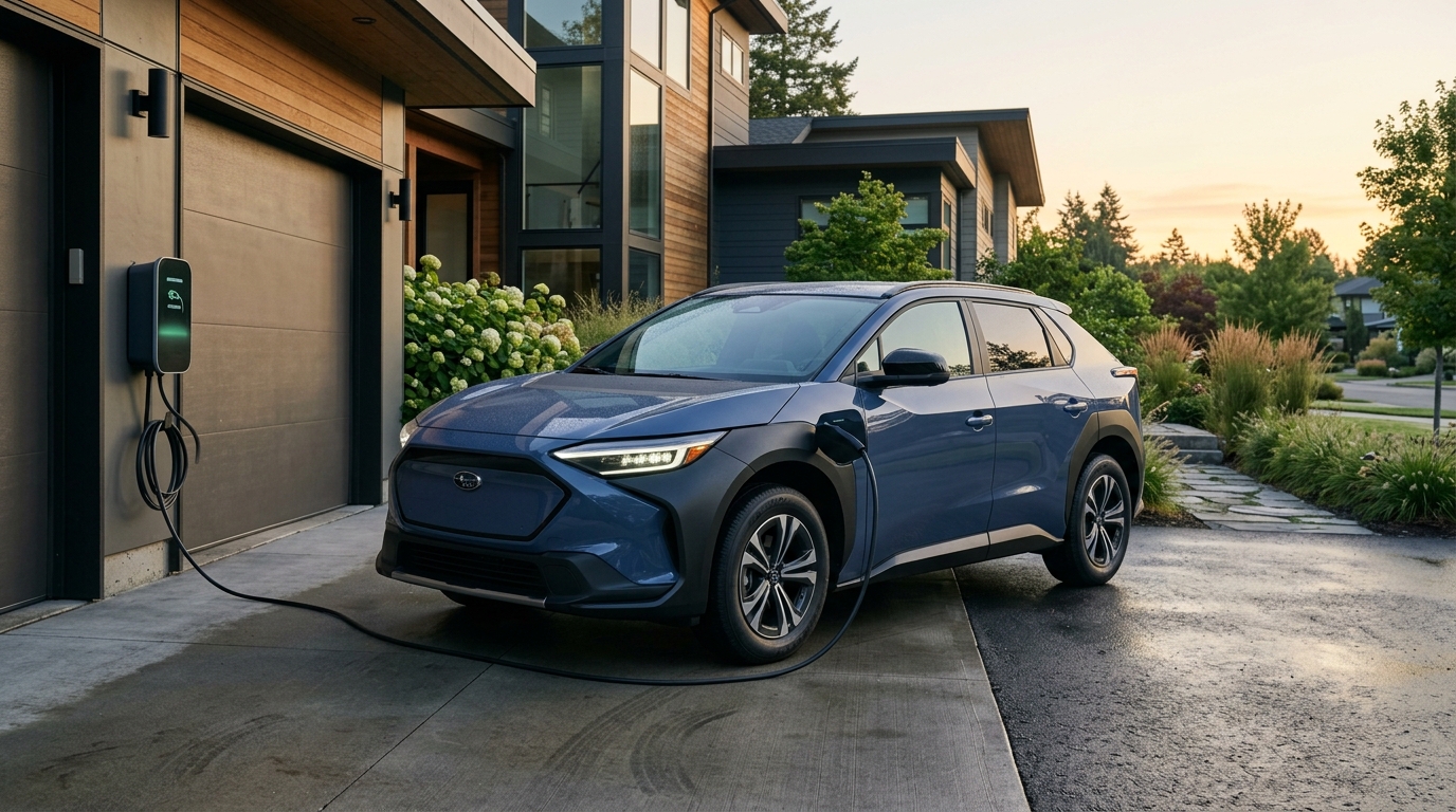 Blue electric SUV parked in a driveway and plugged into a wall-mounted home EV charging station. (Representative image for illustration purposes only. Actual vehicle may vary based on trim and configuration.)