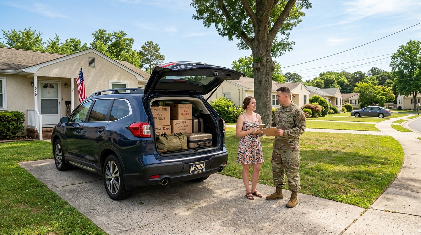 A military service member in uniform talks with a woman next to an SUV packed with moving boxes. (Representative image for illustration purposes only. Actual vehicle may vary based on trim and configuration.)