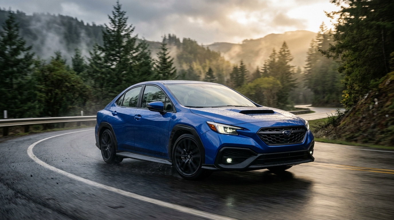 Blue Subaru WRX driving on a wet winding road through a misty forest at sunset. (Representative image for illustration purposes only. Actual vehicle may vary based on trim and configuration.)