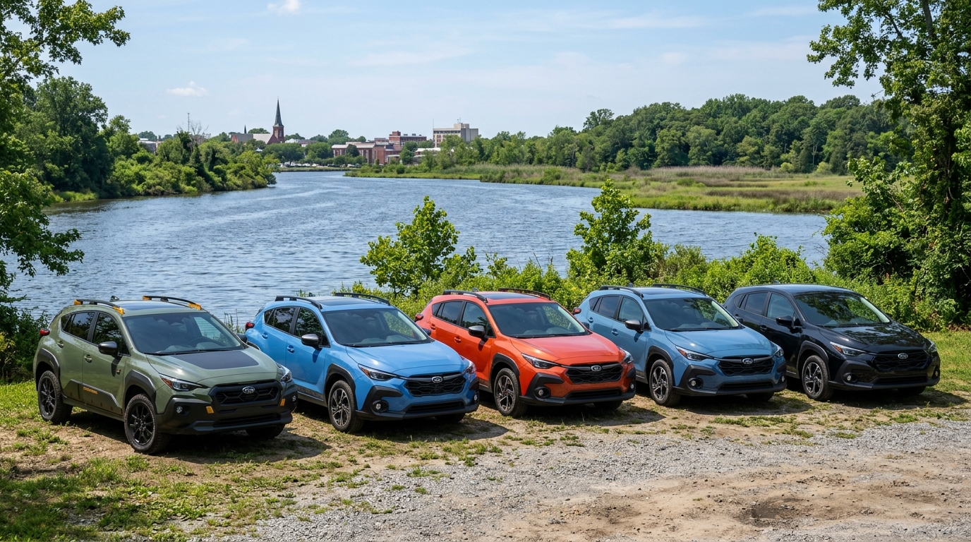Five colorful Subaru Crosstrek SUVs parked in a row near a riverbank with a city skyline in the distance. (Representative image for illustration purposes only. Actual vehicle may vary based on trim and configuration.)