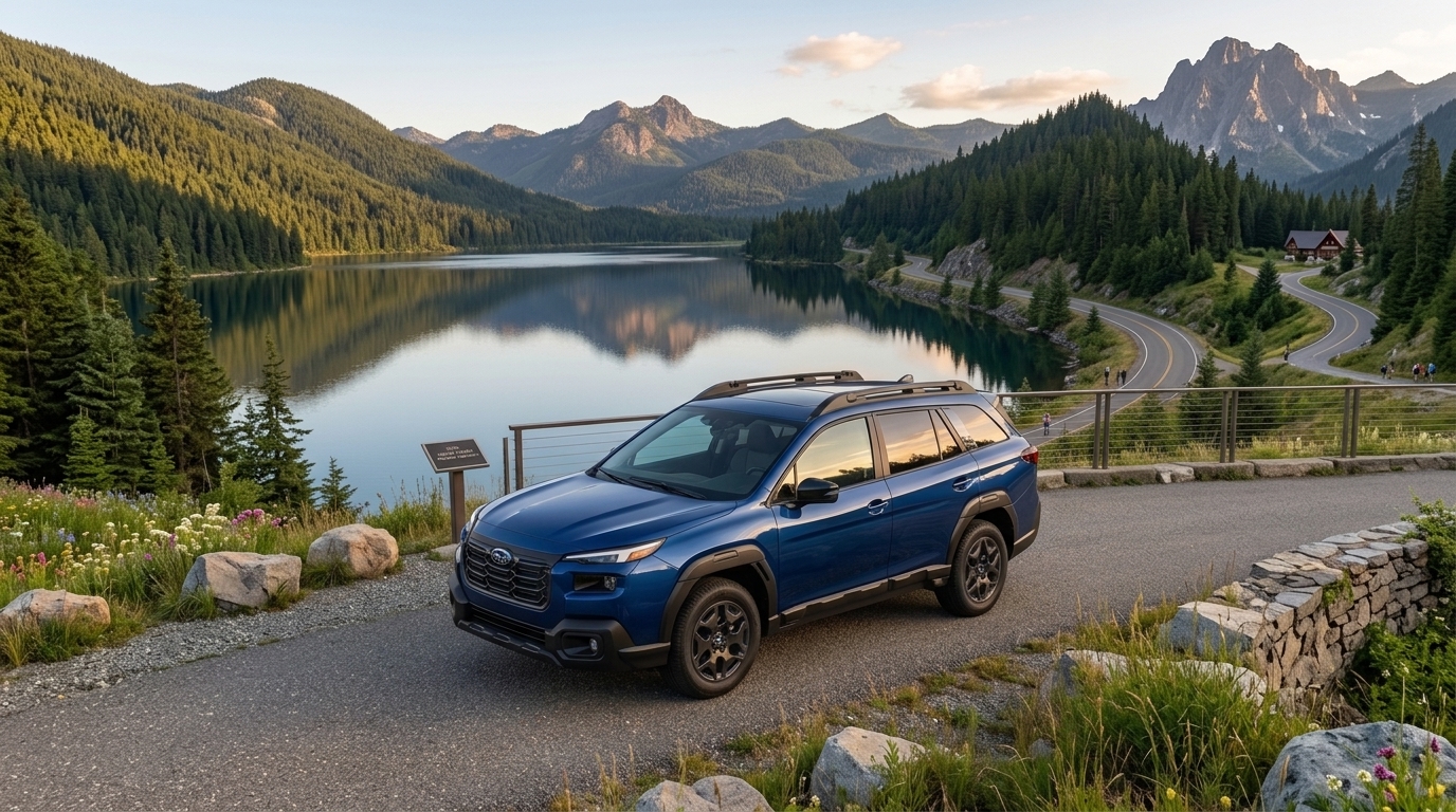 A blue Subaru SUV parked on a paved road overlooking a scenic mountain lake surrounded by pine forests. (Representative image for illustration purposes only. Actual vehicle may vary based on trim and configuration.)