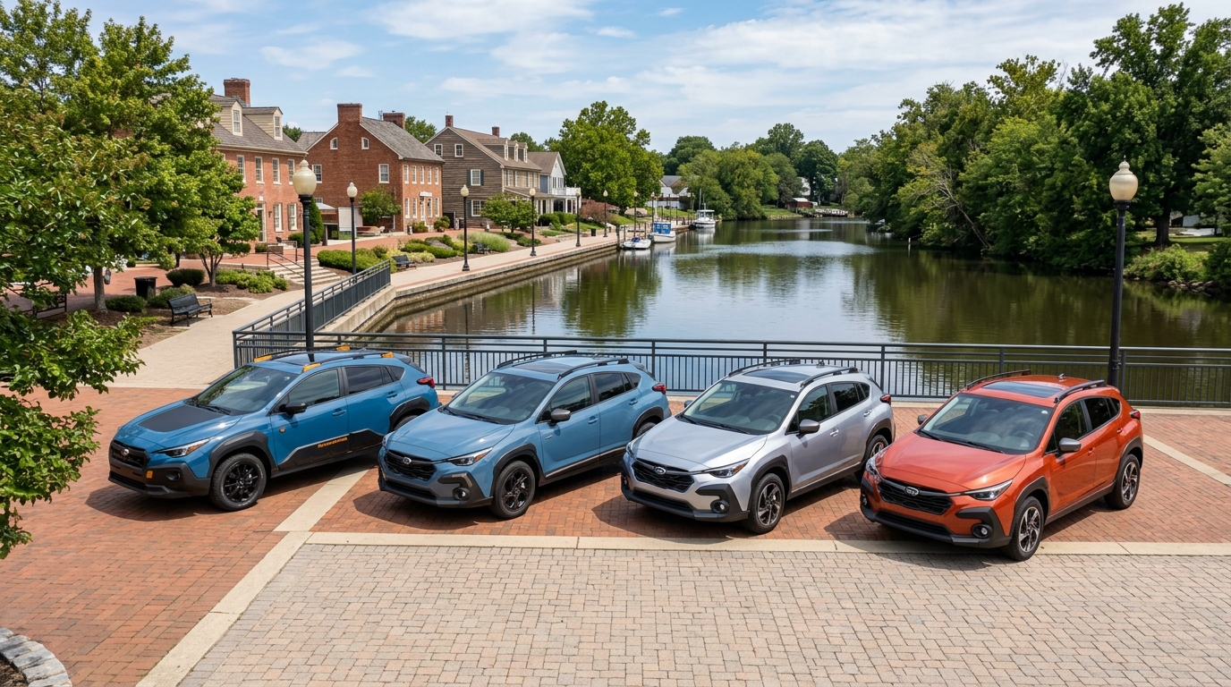Four colorful Subaru Crosstrek SUVs parked on a brick promenade beside a canal in front of historic buildings. (Representative image for illustration purposes only. Actual vehicle may vary based on trim and configuration.)