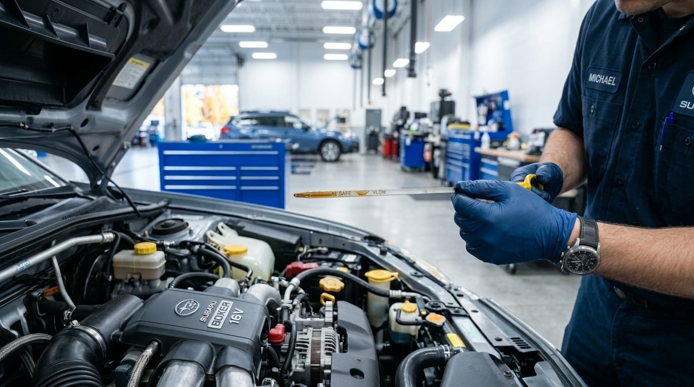 Close-up photography of a clean automotive engine bay during a routine oil maintenance service, focus on a professional Subaru technician with gloved hands holding a dipstick to check clear fresh synthetic motor oil, open hood exposing metallic engine cover and fluid reservoirs, bright soft-diffused