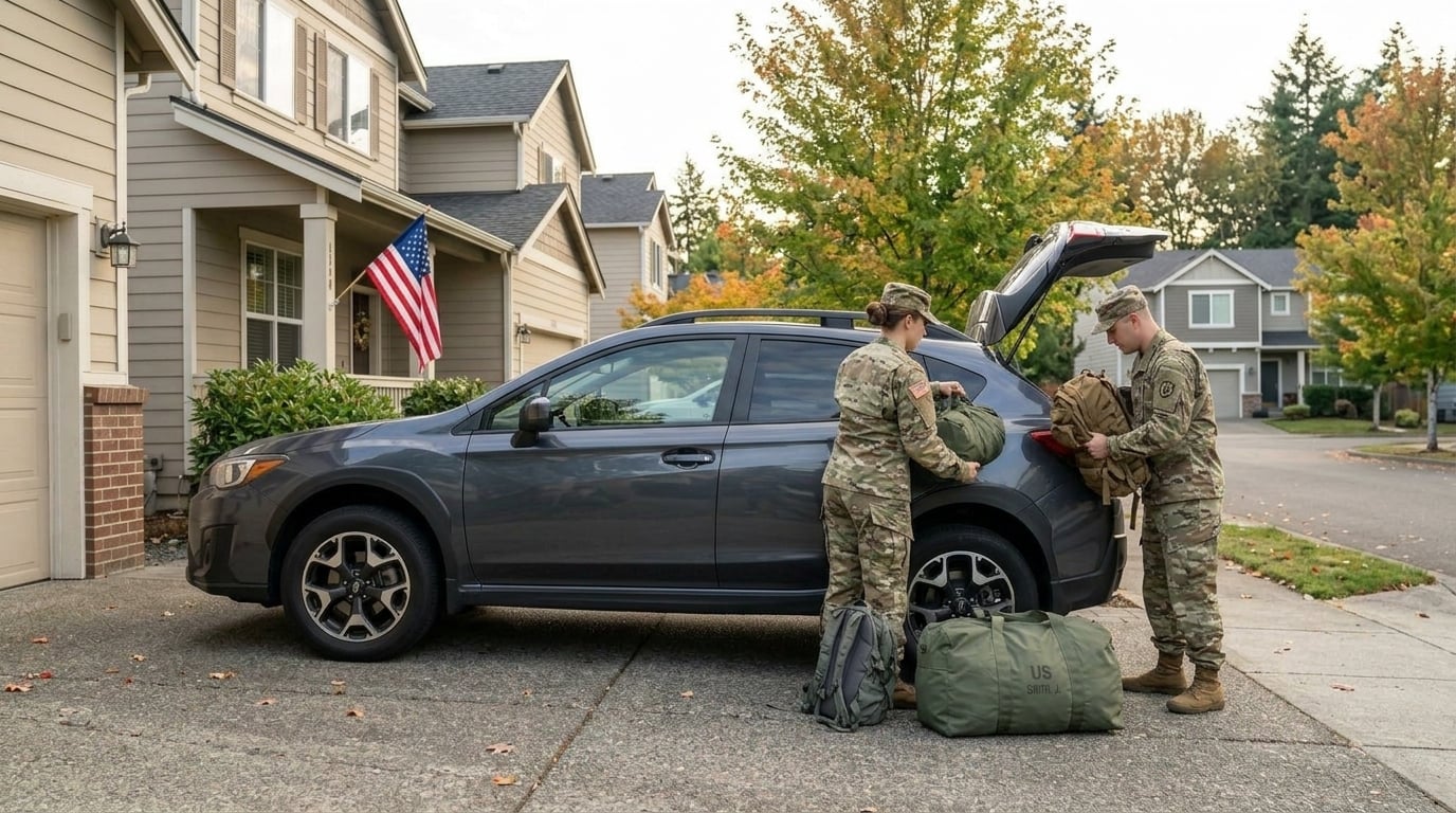 A military husband and wife dressed in military clothing facing away from the camera packing their Subaru Crosstrek for a trip with a military duffle bag on the ground. The Crosstrek is parked in the driveway of their suburban home. (Representative image for illustration purposes only. Actual vehicl