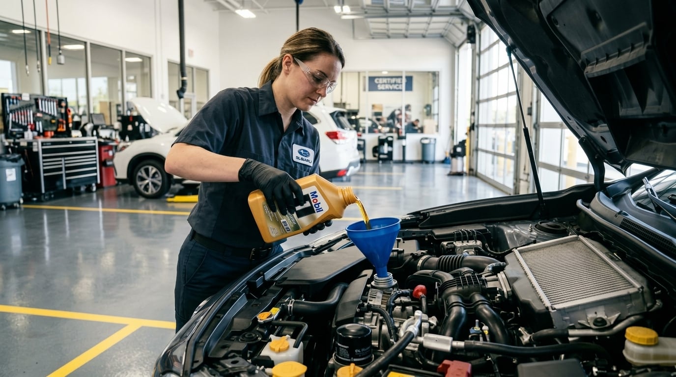 Professional automotive service photography, eye-level rule-of-thirds shot of a certified technician carefully servicing a modern crossover vehicle in a brightly lit dealership service bay, pouring fresh amber synthetic engine oil into the open engine oil filler cap, sharp focus on the engine bay an