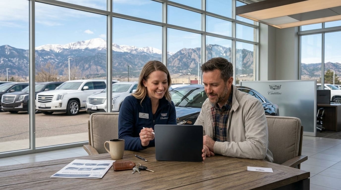 Show a sales consultant and a guest looking at a tablet with used Cadillac in the background in Colorado. Also show keys on the desk. (Representative image for illustration purposes only. Actual vehicle may vary based on trim and configuration.)