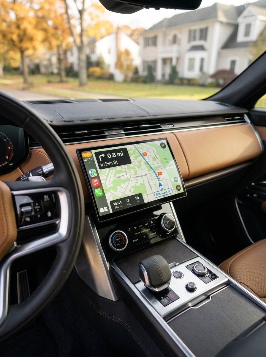 A close-up commercial photograph of the 2027 Land Rover Range Rover Sport interior cabin, focusing on the high-definition curved 13.1-inch infotainment touchscreen and sleek center console. The central display shows an abstract digital navigation graphic in crisp dark tones without text. Premium leather trim with precise stitching accents the dashboard and console around a sculpted gear selector and ambient lighting controls. Soft autumn morning daylight streams through the front windshield, casting natural illumination across the refined controls and casting a soft blur on the exterior suburban Long Island street with golden fall trees in the background. The shot captures a quiet luxury, high-tech atmosphere with sharp focus on interior craftsmanship and rich textures. (Representative image for illustration purposes only. Actual vehicle may vary based on trim and configuration.)