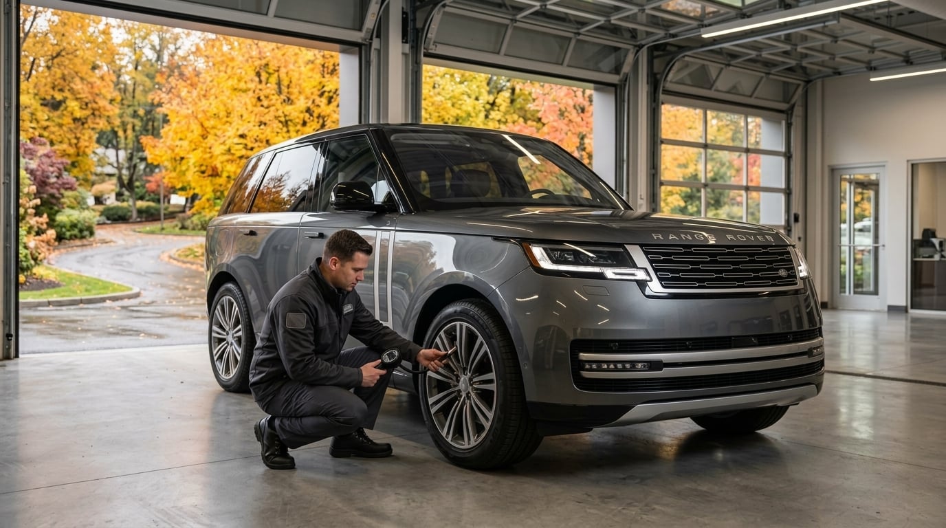 A luxury dark metallic grey Range Rover SUV parked in a modern, clean dealership service reception bay, large open glass garage door in the background revealing golden fall foliage and damp suburban trees, eye-level three-quarter view of the vehicle undergoing autumn maintenance inspection, technici