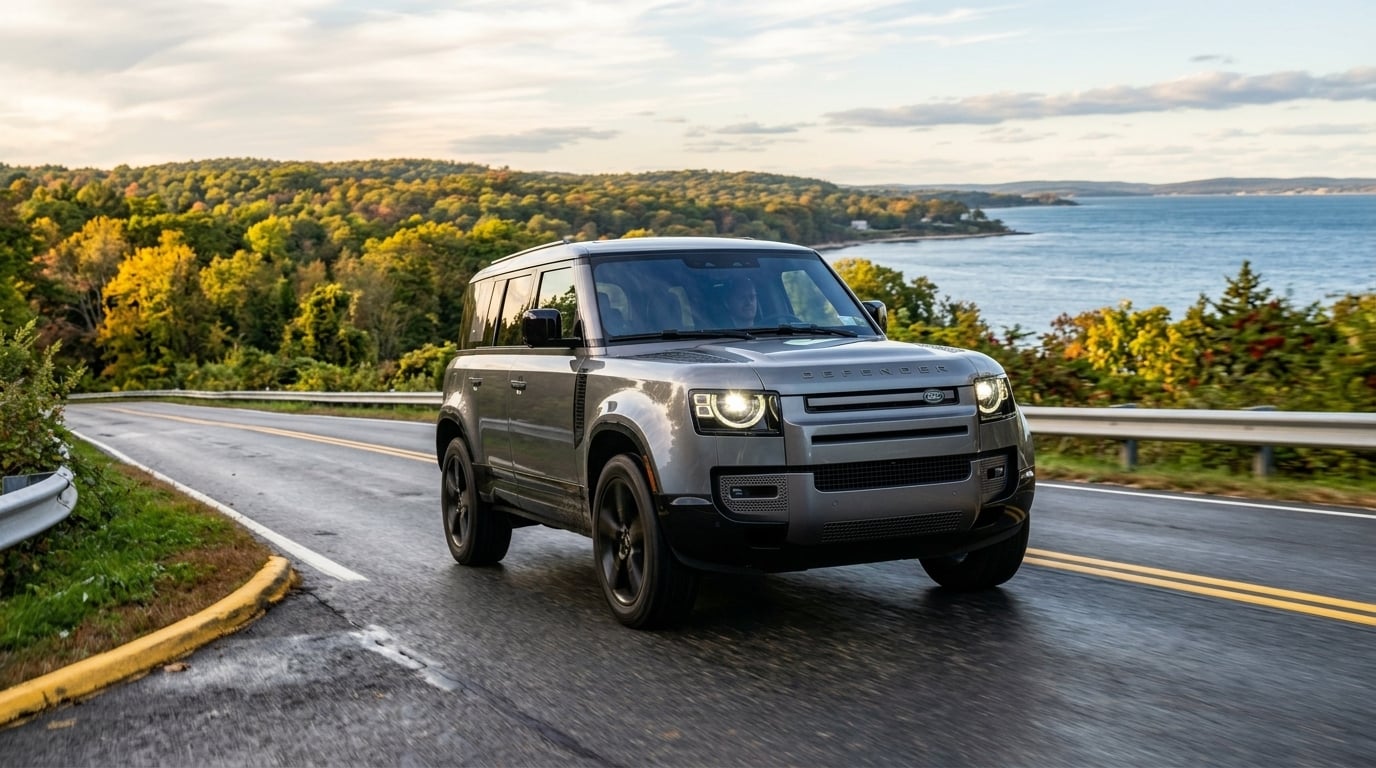 A dynamic, high-end automotive photograph of a sleek 2027 Defender 110 driving on the scenic North Shore roads of Long Island, from a low front 3/4 perspective. (Representative image for illustration purposes only. Actual vehicle may vary based on trim and configuration.)