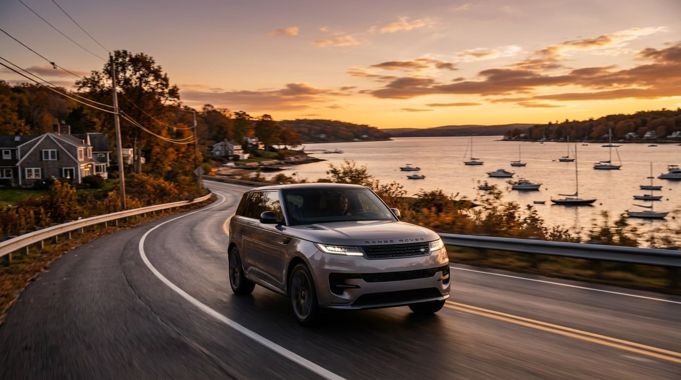 A commercial lifestyle photograph of a 2027 Land Rover Range Rover Sport finished in elegant metallic grey, captured in a dynamic front three-quarter view as it glides along a winding coastal road near Huntington Harbor. The fastback silhouette and taut body panels catch the deep warm glow of a late autumn sunset over the calm waters of Long Island Sound. Smooth motion blur along the quiet road and tree-lined shore emphasizes dynamic capability, while flush glass surfaces and distinctive LED headlight signatures are rendered in sharp detail. The atmosphere is quiet, athletic, and sophisticated against a North Shore Long Island backdrop. (Representative image for illustration purposes only. Actual vehicle may vary based on trim and configuration.)