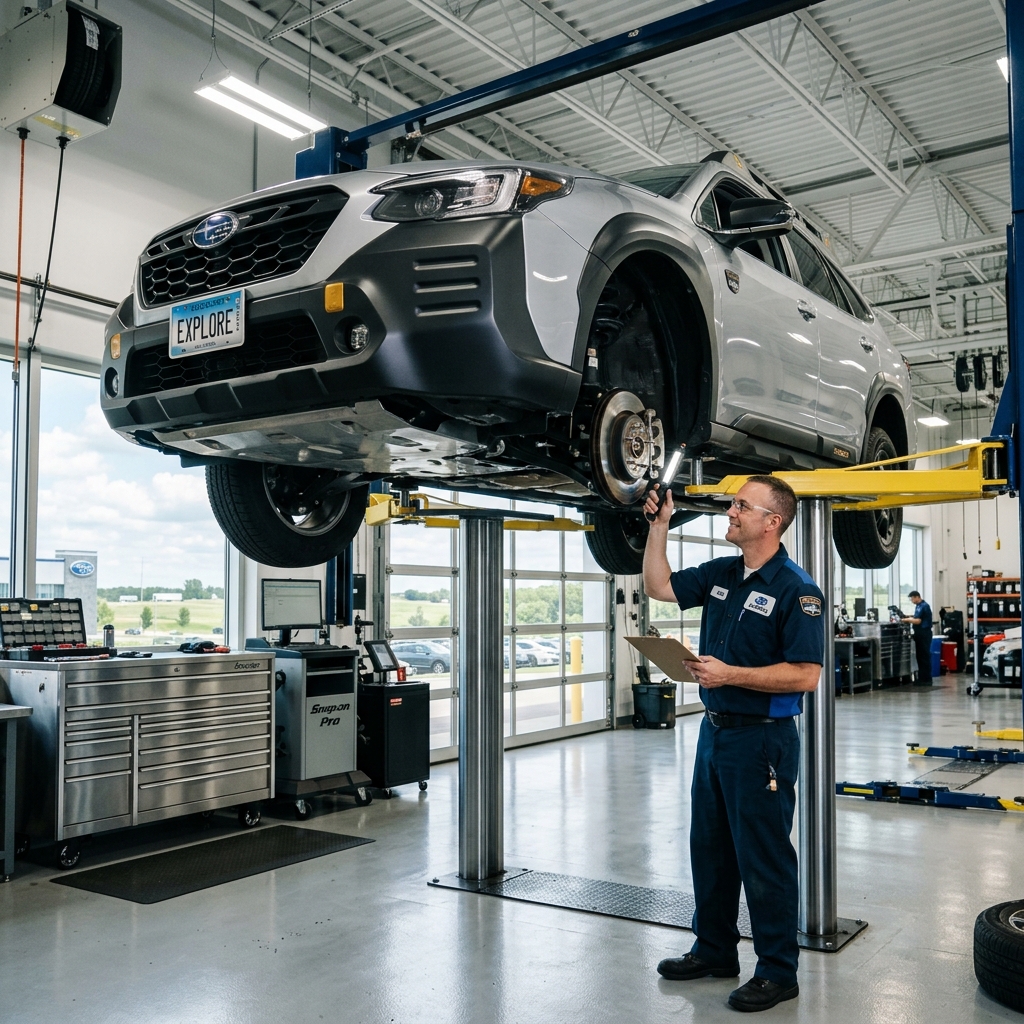 AI generated: A cinematic wide shot of a modern Subaru Outback elevated on a gleaming hydraulic lift inside a pristine, state-of-the-art automotive service center in the American Midwest. A professional technician in a clean, dark blue uniform is performing a meticulous multi-point inspection, carefully examining the wheel assembly and undercarriage with a focused, expert expression. The workshop environment is bright and organized, featuring polished concrete floors, stainless steel tool chests, and sophisticated diagnostic equipment. Large glass garage doors in the background reveal a soft, daylight suburban landscape typical of the Illinois plains. The lighting is crisp and cool, with bright LED overheads creating sharp reflections on the vehicle’s metallic silver paint. The composition uses a low-angle perspective to emphasize the vehicle’s mechanical integrity, capturing a mood of trust, safety, and professional precision in high-resolution photography.