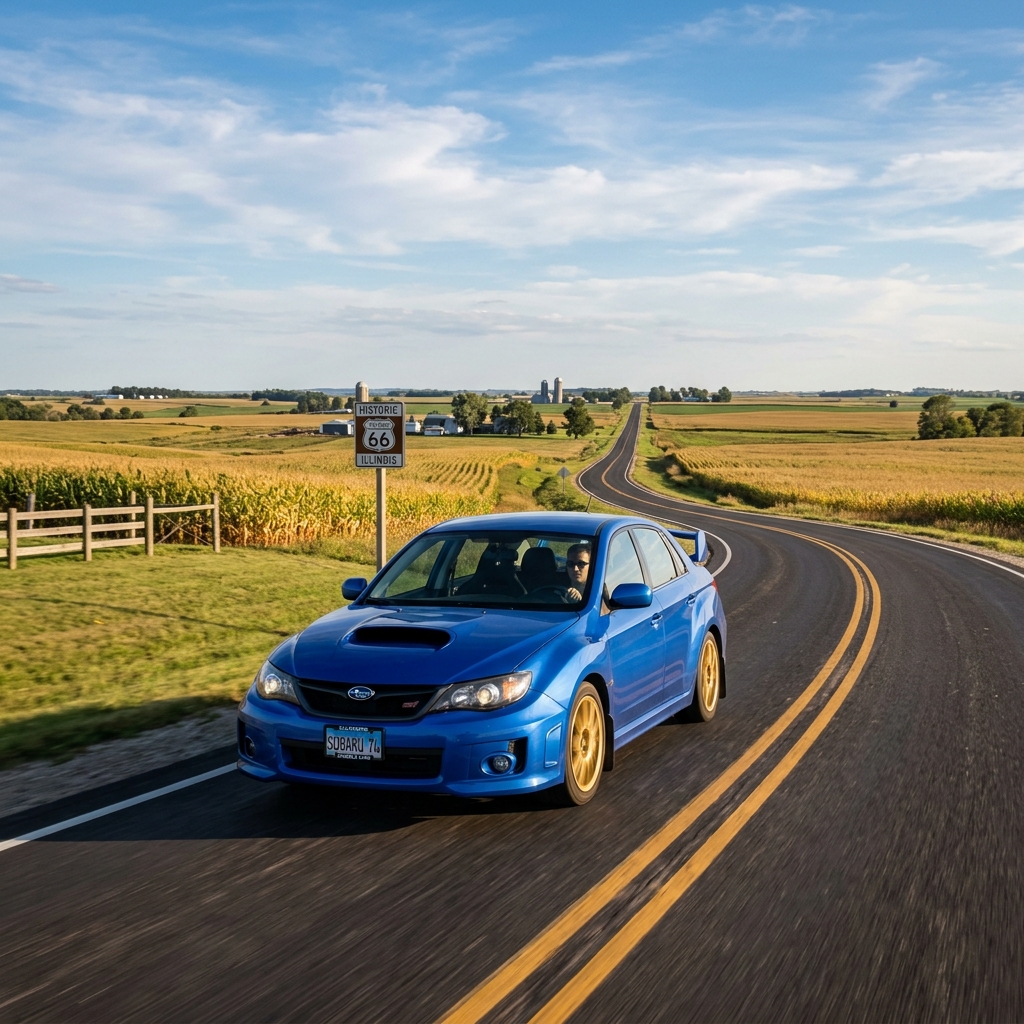AI generated: subaru impreza on the open road in illinois