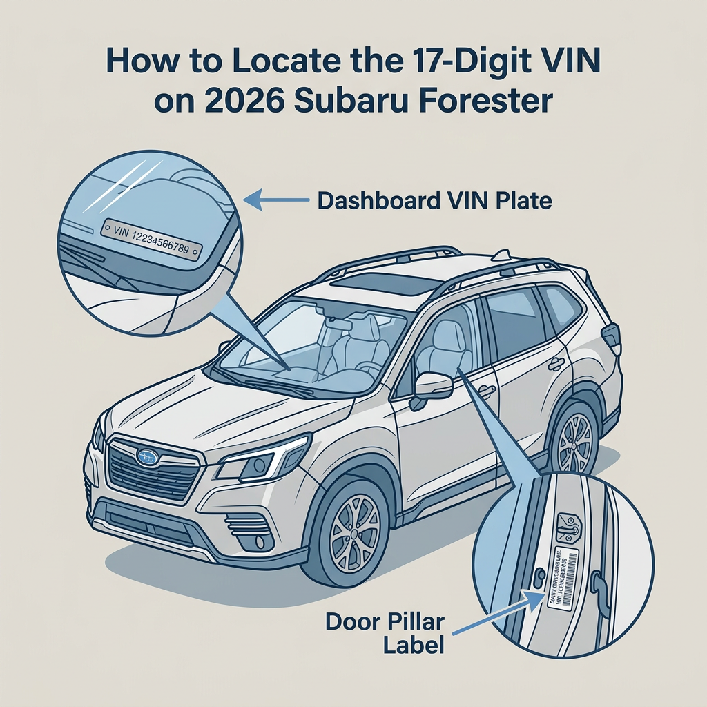 Diagram showing the two locations of the 17-digit VIN on a 2026 Subaru Forester. (Representative image for illustration purposes only. Actual vehicle may vary based on trim and configuration.)