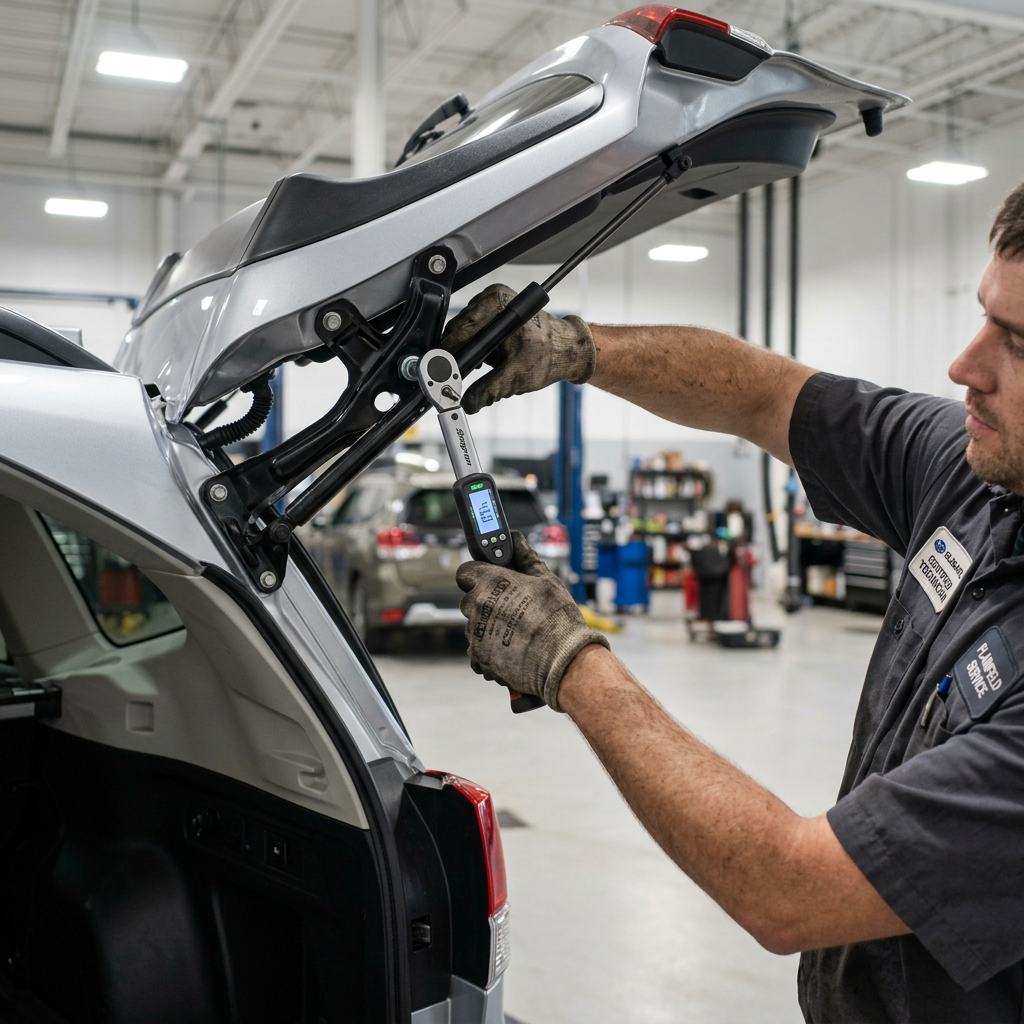 A mechanic using a digital torque wrench on a car's tailgate hinge. (Representative image for illustration purposes only. Actual vehicle may vary based on trim and configuration.)