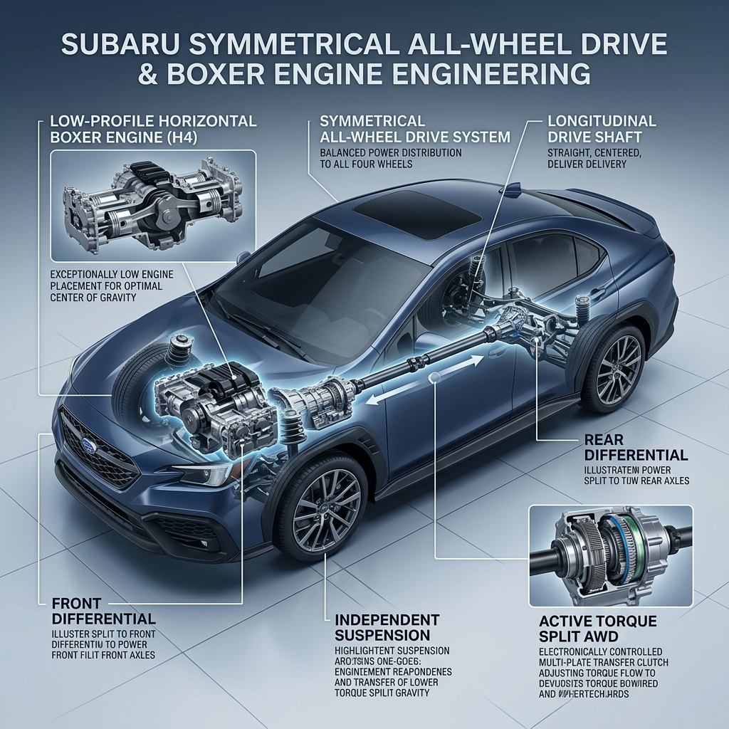 Cutaway diagram of Subaru's Symmetrical All-Wheel Drive and Boxer Engine system in a blue sedan. (Representative image for illustration purposes only. Actual vehicle may vary based on trim and configuration.)