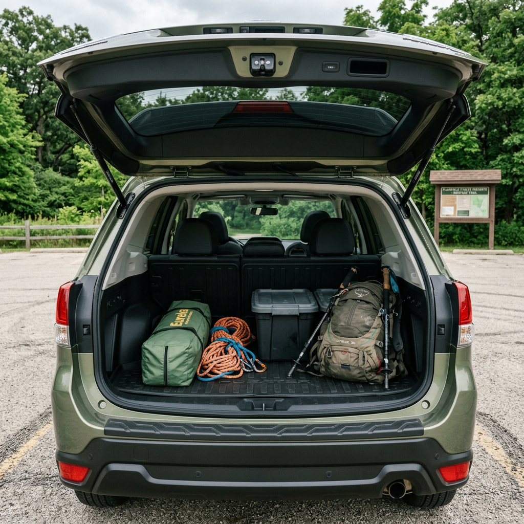 Open trunk of a green SUV loaded with camping and hiking gear in a paved parking lot. (Representative image for illustration purposes only. Actual vehicle may vary based on trim and configuration.)