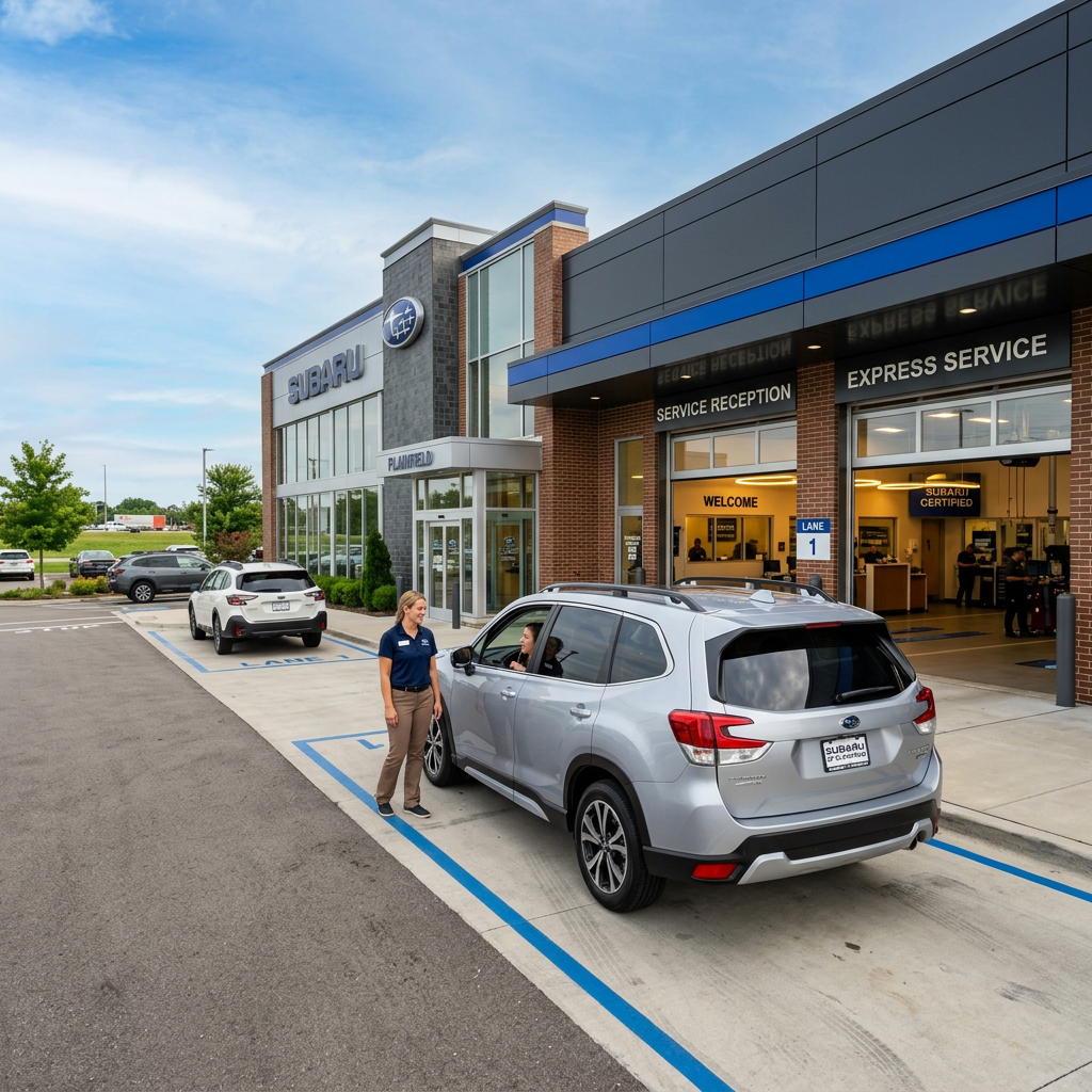 A silver Subaru SUV pulling up to a modern Subaru dealership service center with a staff member welcoming the driver. (Representative image for illustration purposes only. Actual vehicle may vary based on trim and configuration.)