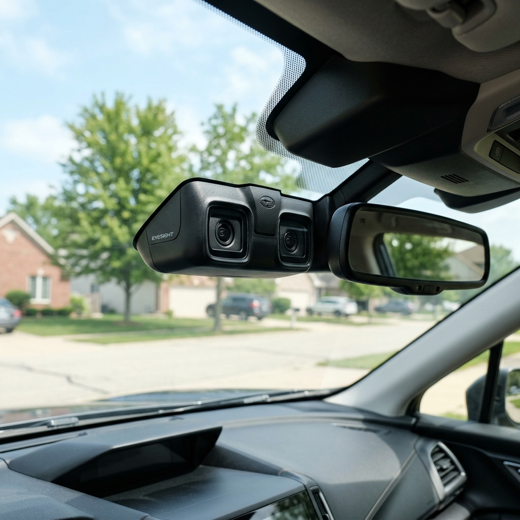Subaru EyeSight dual-camera driver assist system mounted on a car windshield next to the rearview mirror. (Representative image for illustration purposes only. Actual vehicle may vary based on trim and configuration.)