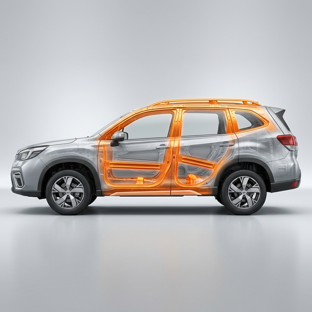 X-ray view of a silver SUV showing its orange-highlighted internal safety cage and side-impact door beams. (Representative image for illustration purposes only. Actual vehicle may vary based on trim and configuration.)