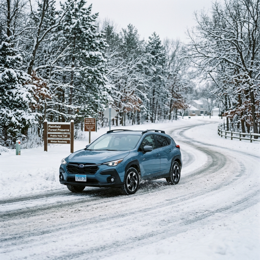 A blue Subaru Crosstrek driving on a winding, snow-covered road past a Plainfield Forest Preserve sign. (Representative image for illustration purposes only. Actual vehicle may vary based on trim and configuration.)
