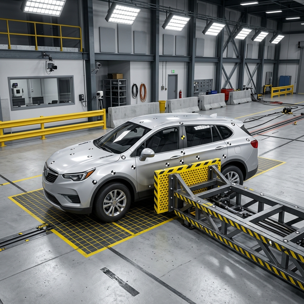 A silver SUV with tracking markers positioned next to a yellow side-impact crash barrier in a test facility. (Representative image for illustration purposes only. Actual vehicle may vary based on trim and configuration.)