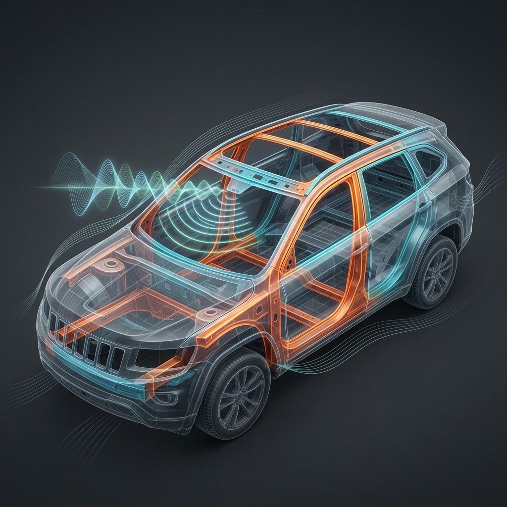 Transparent 3D model of an SUV highlighting its structural safety frame and active sensor wave patterns. (Representative image for illustration purposes only. Actual vehicle may vary based on trim and configuration.)