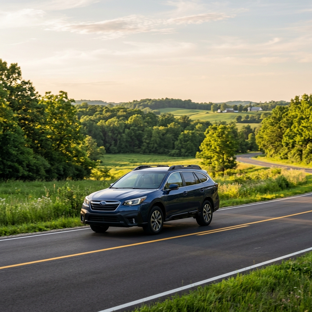 A dark blue Subaru Outback driving on a scenic, winding paved road through green rolling hills. (Representative image for illustration purposes only. Actual vehicle may vary based on trim and configuration.)