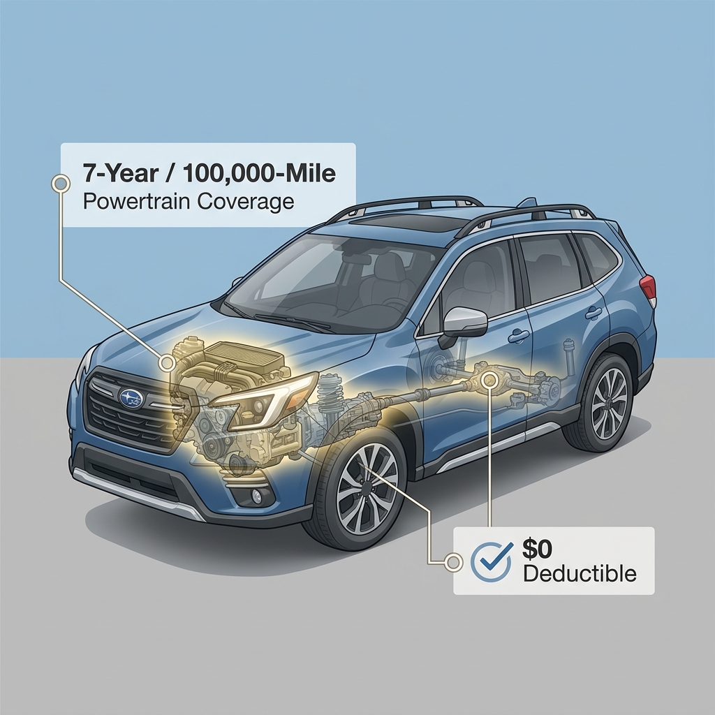 Diagram of a blue Subaru SUV with a highlighted powertrain showing its 7-year warranty and zero-dollar deductible. (Representative image for illustration purposes only. Actual vehicle may vary based on trim and configuration.)