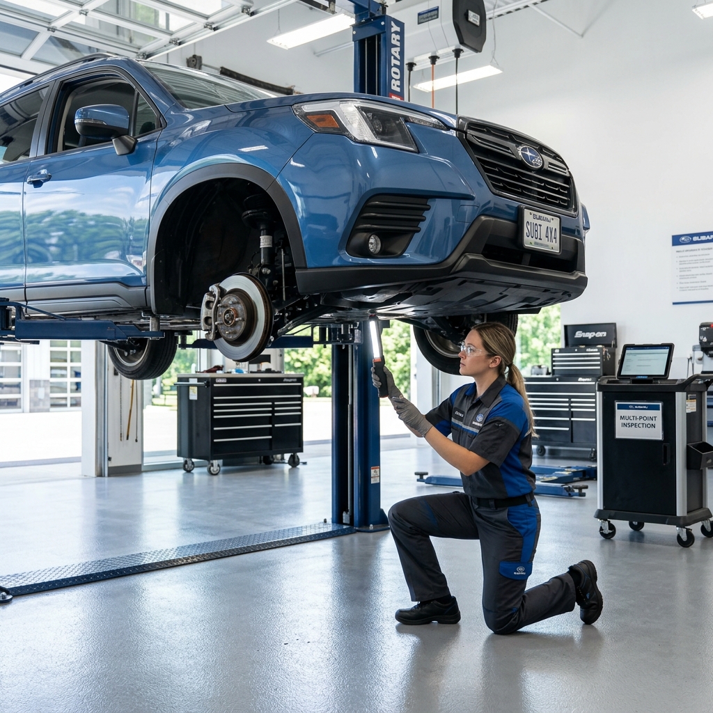 A female mechanic uses a light to inspect the undercarriage of a blue SUV raised on a hydraulic lift in a service bay. (Representative image for illustration purposes only. Actual vehicle may vary based on trim and configuration.)