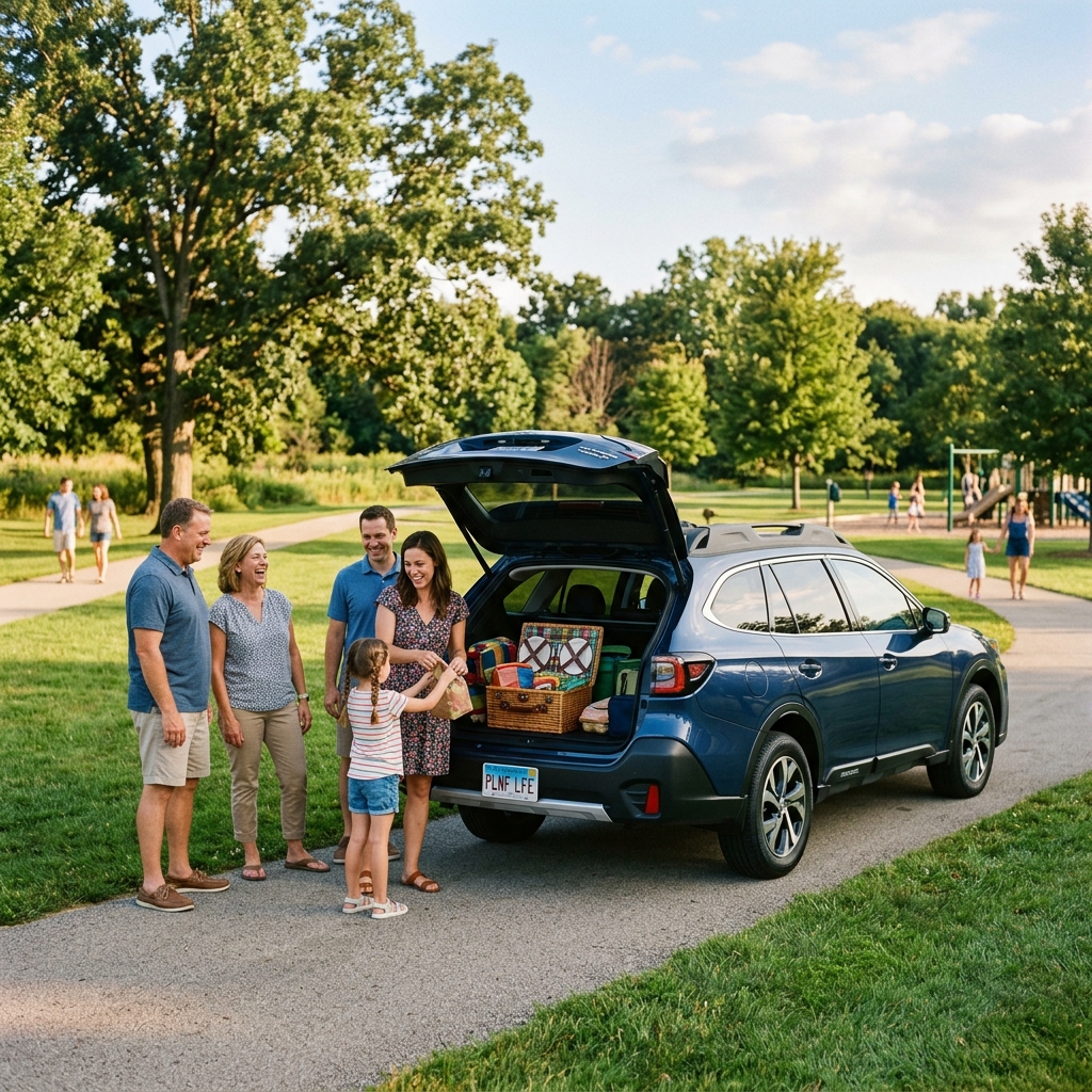 A happy family gathers around the open trunk of a blue SUV packed with picnic gear in a sunny park. (Representative image for illustration purposes only. Actual vehicle may vary based on trim and configuration.)
